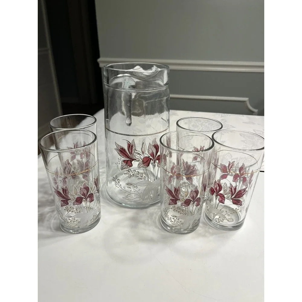 6pc Vtg Floral Glass Water Juice Pitcher w 10oz Drinking Tumblers Glasses Italy
